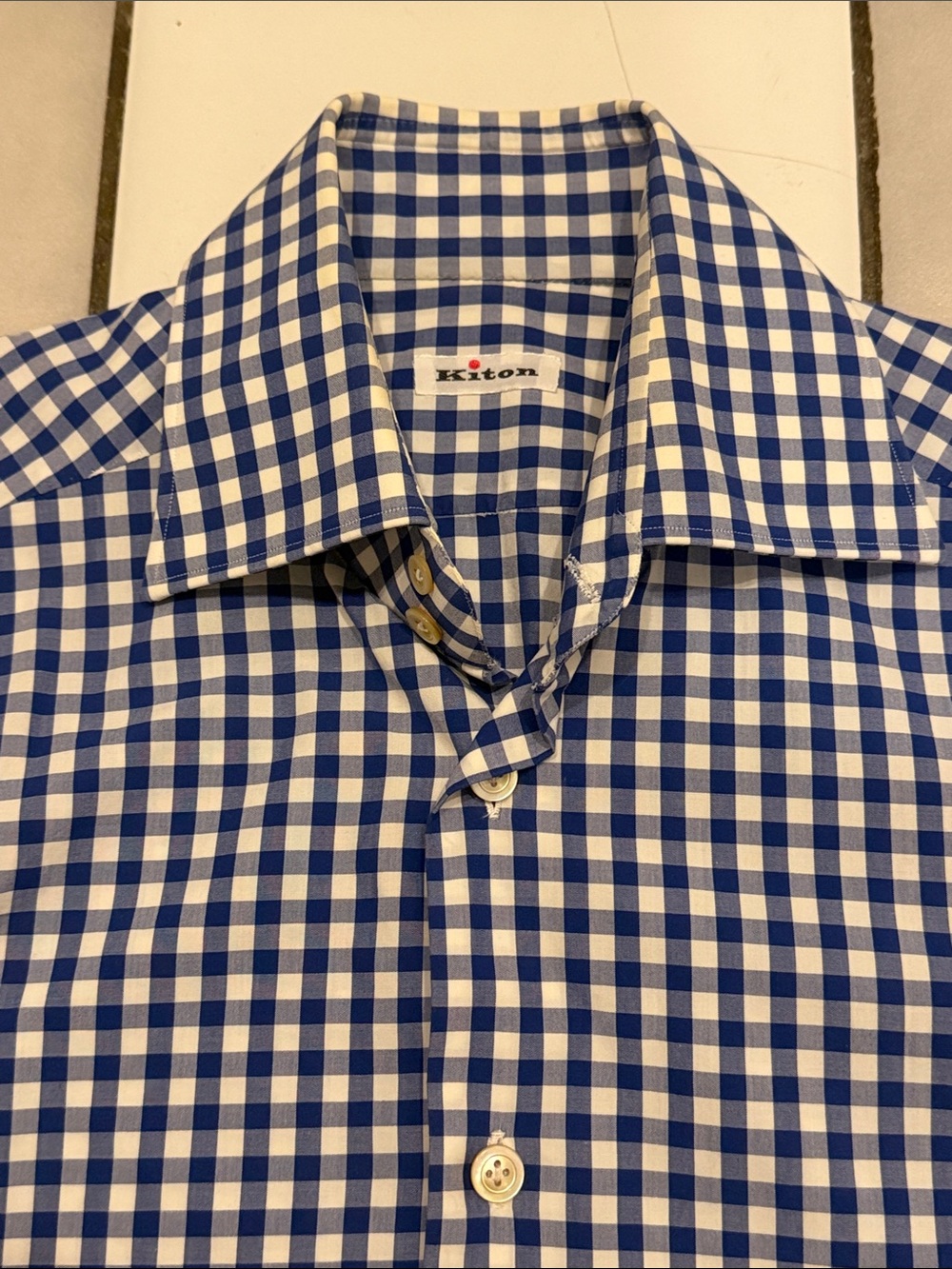 Kiton blue and white gingham cotton dress shirt made in Italy